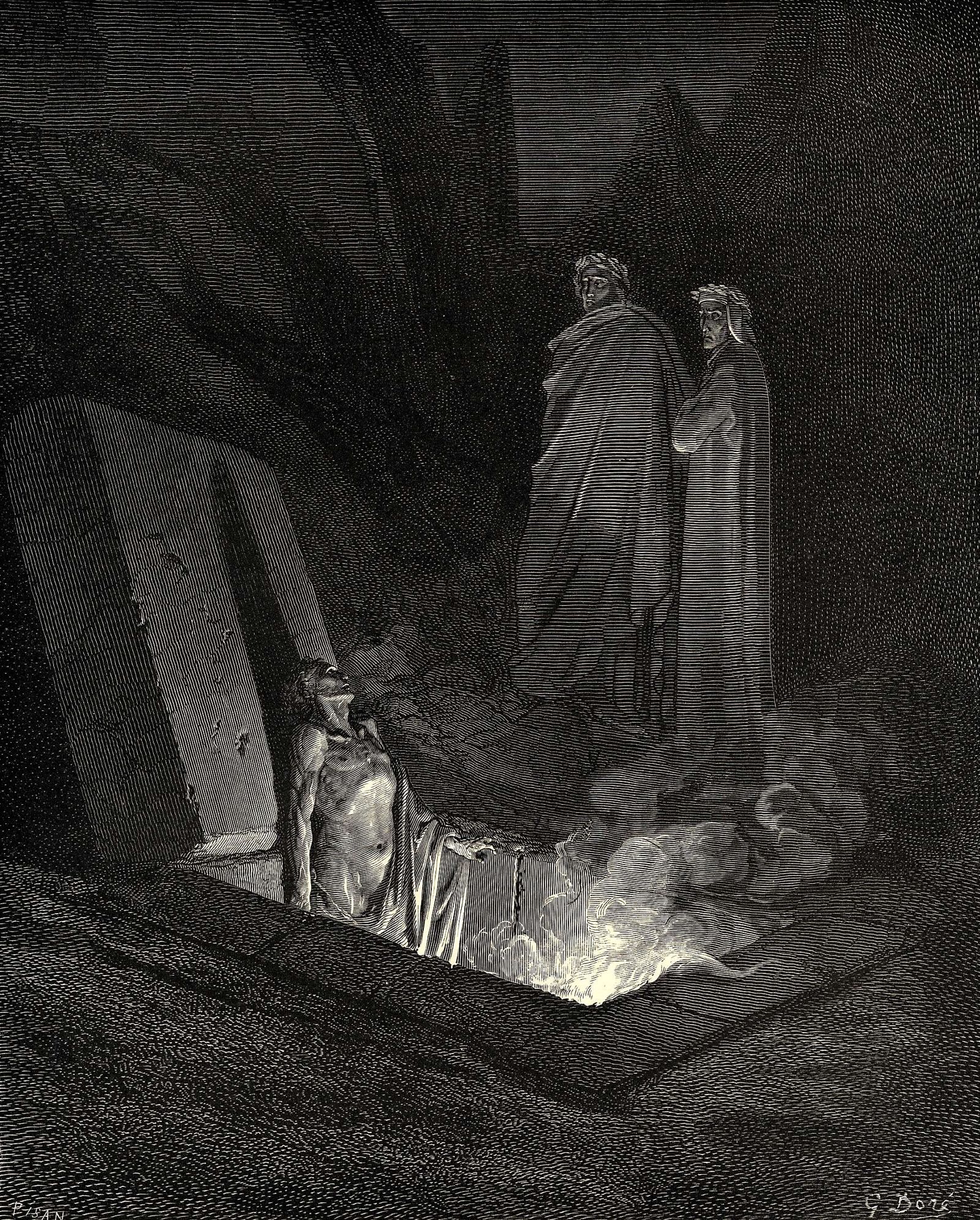 Grabado de Gustave Doré para el Infierno de Dante: dos peregrinos entre sepulcros encendidos