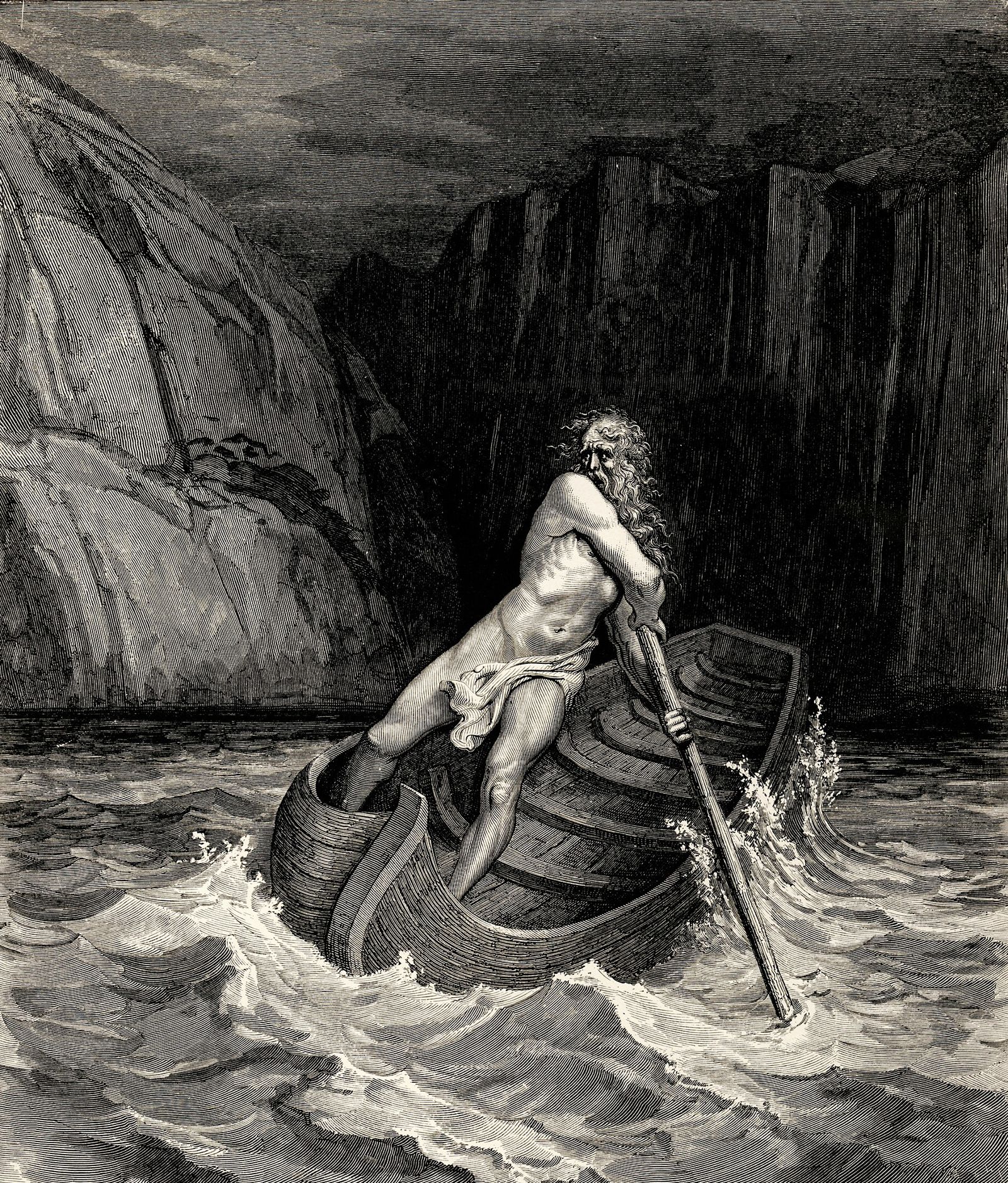 Grabado de Gustave Doré: Caronte cruza la laguna en su barca