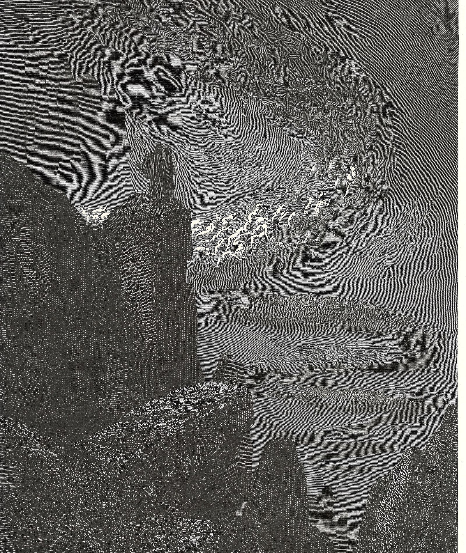Grabado de Gustave Doré: la tempestad del infierno sobre las rocas