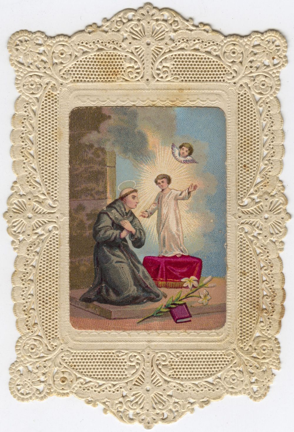 Estampa antigua de encaje de papel con San Antonio de Padua, hacia 1880