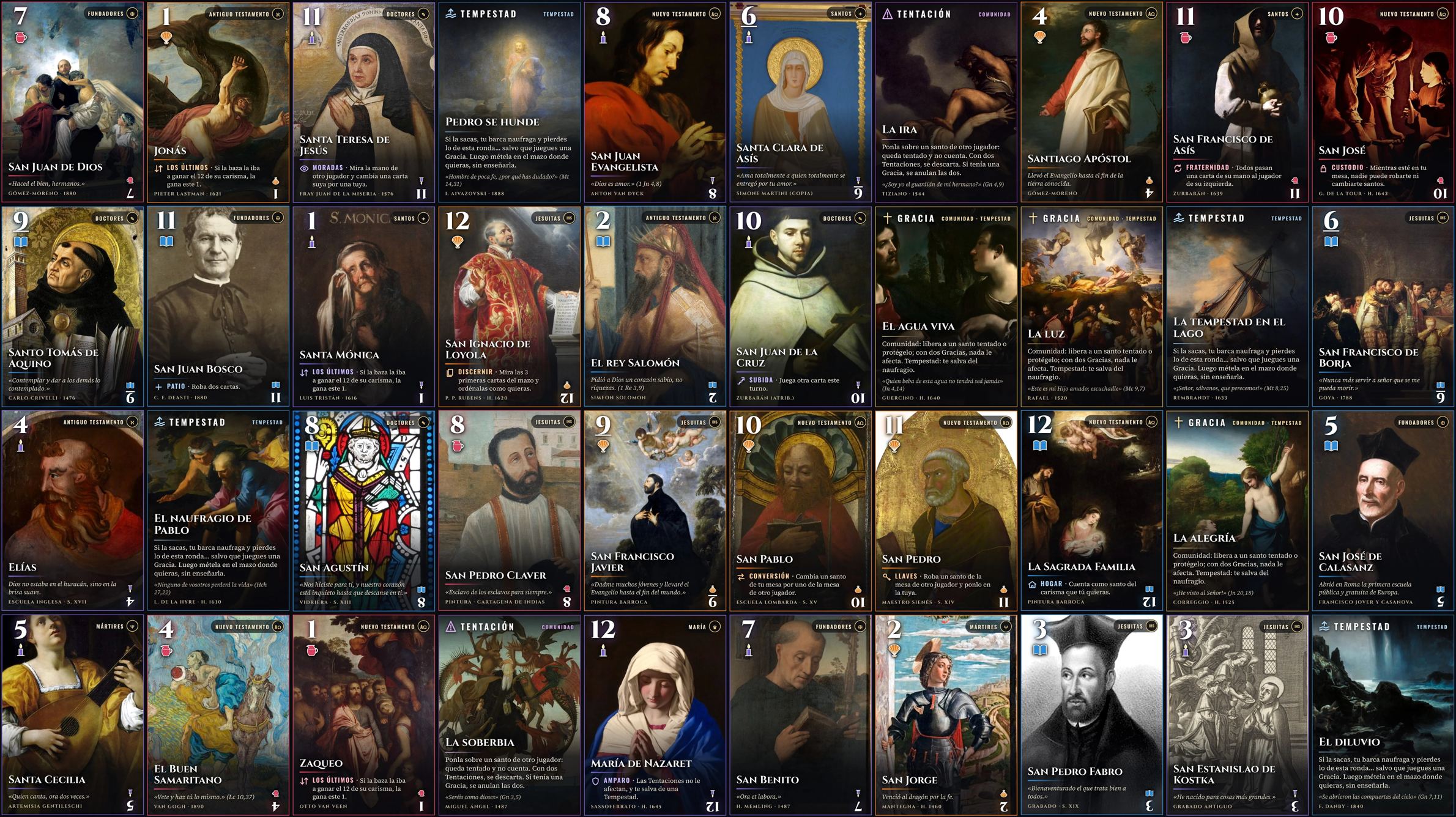 Un muro de cartas de la baraja Estampas en Misión: santos, Tempestades, Tentaciones y Gracias
